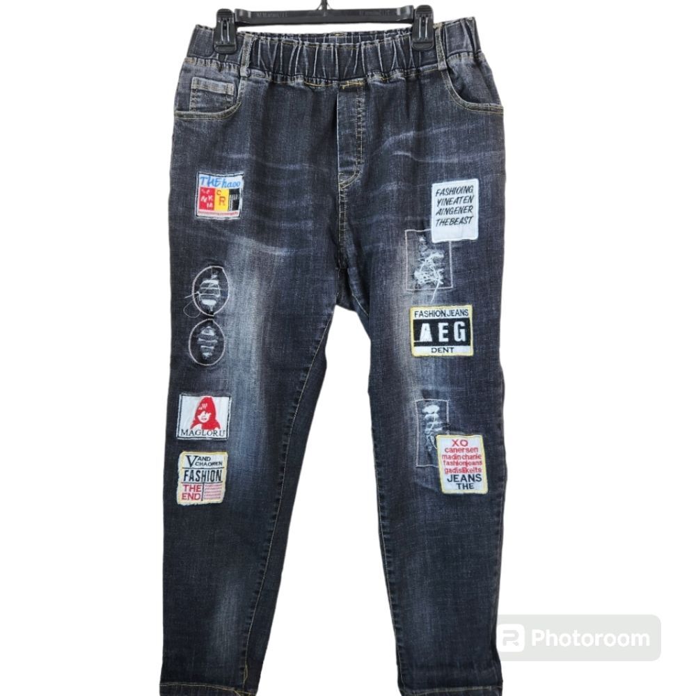 Elastic Waistline 5 Pocket Patchwork Denim Jeans 31x26